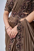 Incredible Brown Lace Work Satin Pre-Stitched Saree With Blouse