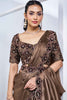 Incredible Brown Lace Work Satin Pre-Stitched Saree With Blouse