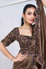 Incredible Brown Lace Work Satin Pre-Stitched Saree With Blouse