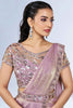 Unexpected Pink Lace Work Satin Pre-Stitched Saree With Blouse