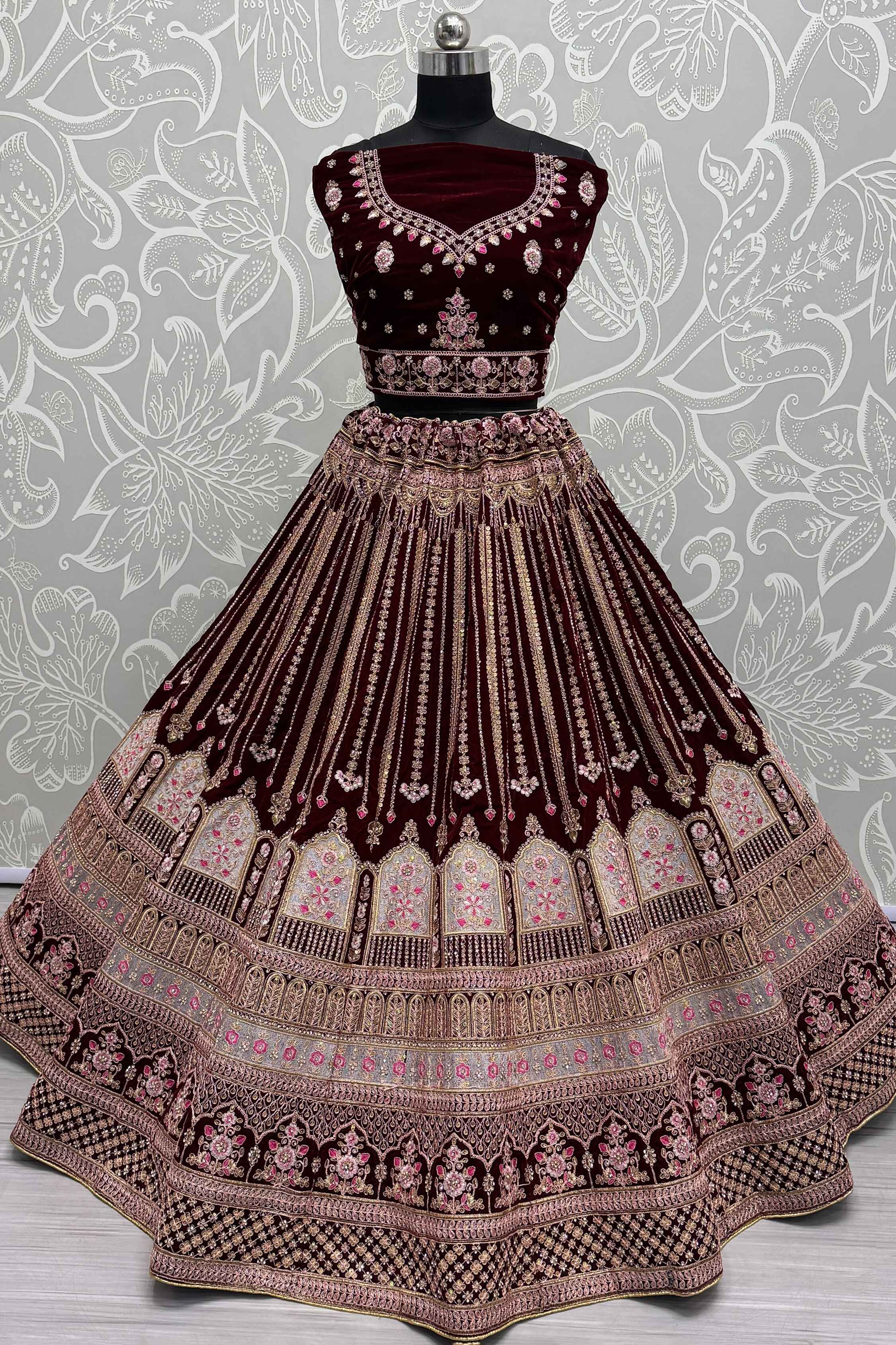 Buy Dark Maroon Velvet Bridal Lehenga Choli Designer Lehenga Choli