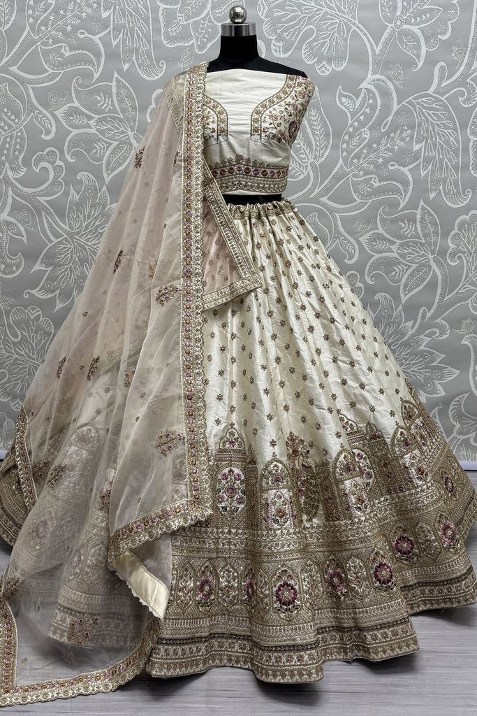 Astonishing Off-White Silk Bridal Lehenga Choli With Double Dupatta