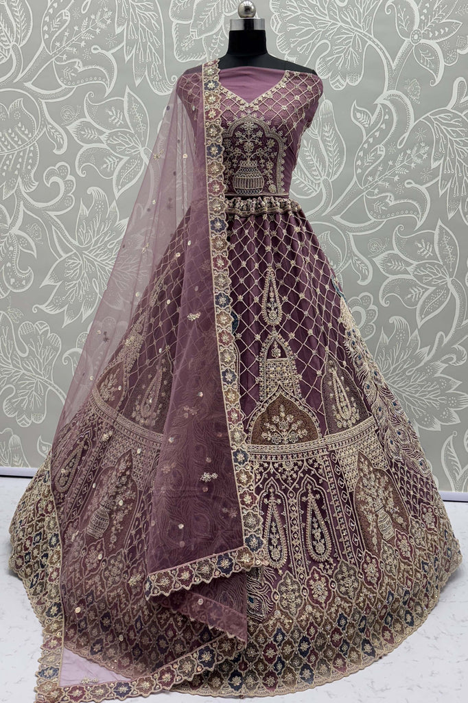 Beautiful Mauve Zircon Work Net Designer Lehenga Choli With Dupatta