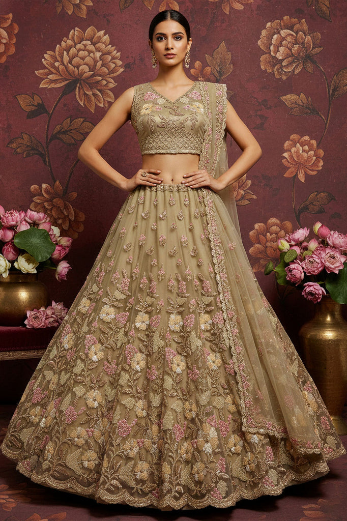 Outstanding Beige Sequins Net Reception Wear Lehenga Choli With Dupatta