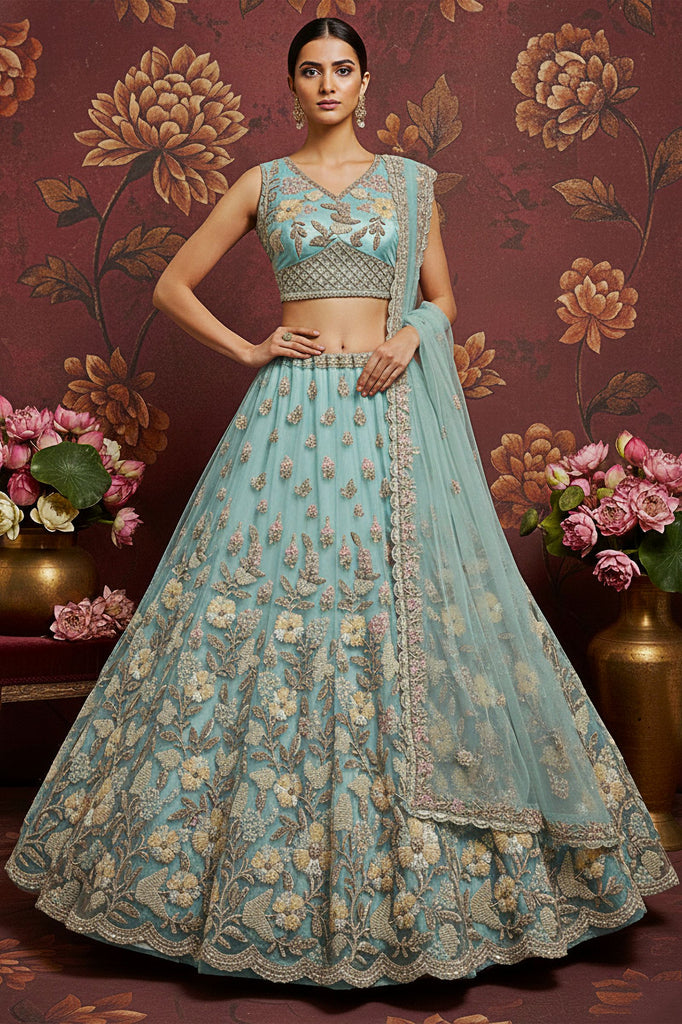Graceful Sky-Blue Dori Embroidered Net Bridesmaid Lehenga Choli