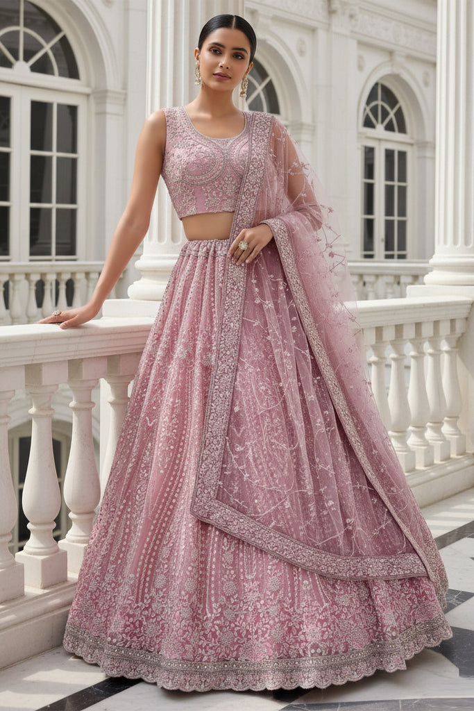 Glamorous Peach Embroidered Net Bridesmaid Lehenga Choli With Dupatta