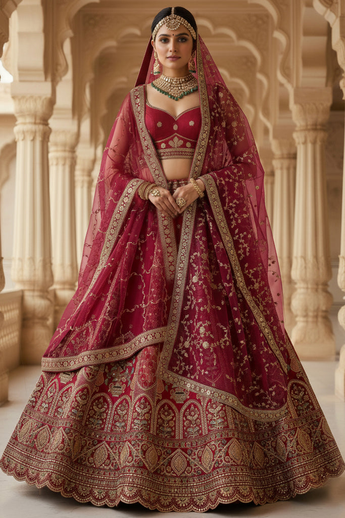 Lovable Pink Thread Embroidered Silk Bridal Lehenga Choli With Double Dupatta