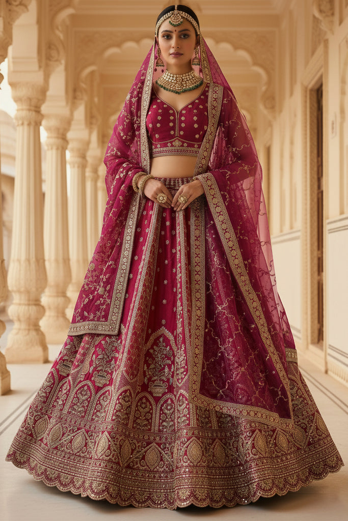 Amazing Pink Embroidered Silk Bridal Wear Lehenga Choli With Double Dupatta