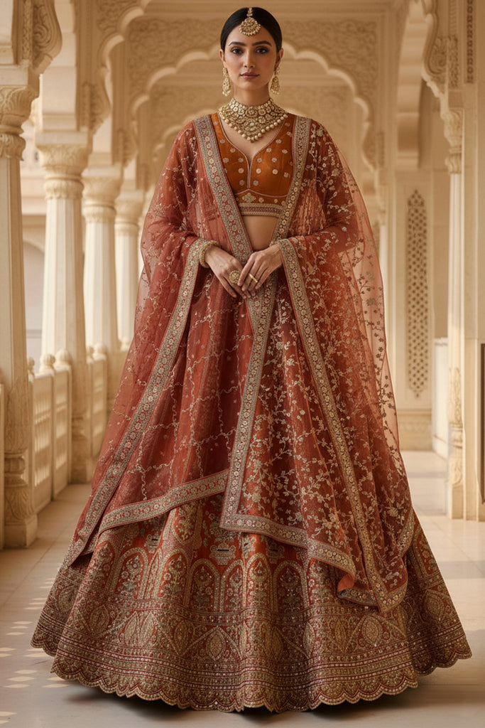 Gorgeous Orange Thread Embroidered Silk Bridal Lehenga Choli With Double Dupatta