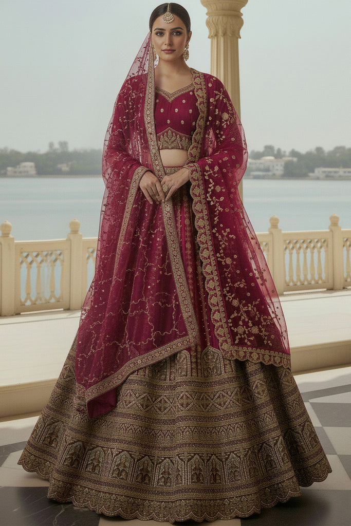 Stunning Pink Dori Embroidered Silk Bridal Wear Lehenga Choli With Dupatta