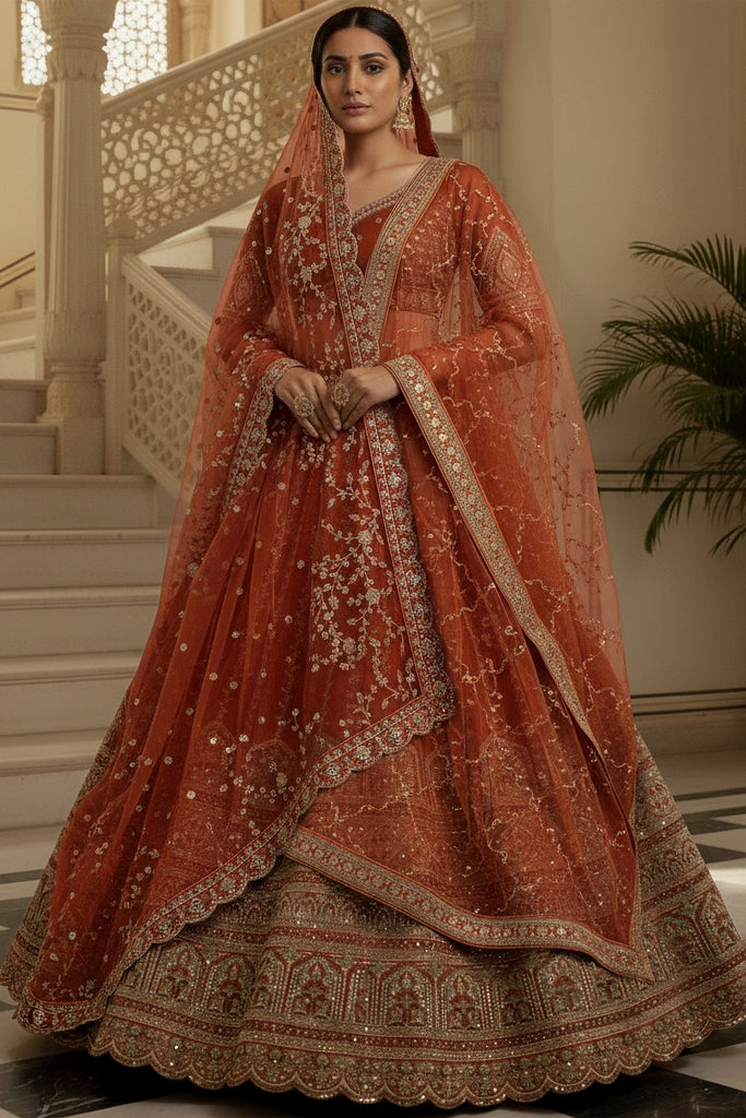 Fantastic Orange Sequins Embroidered Silk Bridal Wear Lehenga Choli