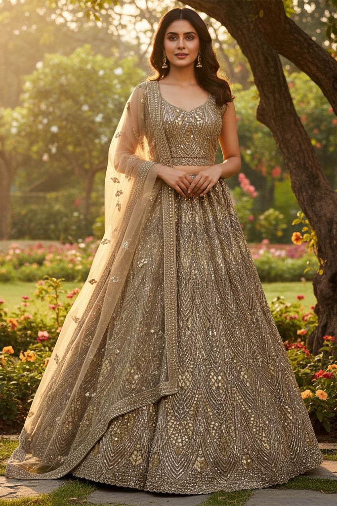 Attractive Golden Sequins Net Bridesmaid Lehenga Choli With Dupatta