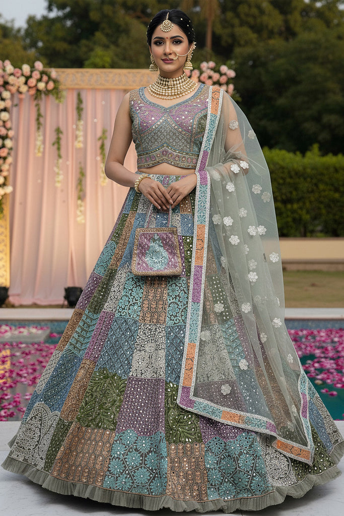 Precious Multi-Color Embroidered Net Wedding Wear Lehenga Choli