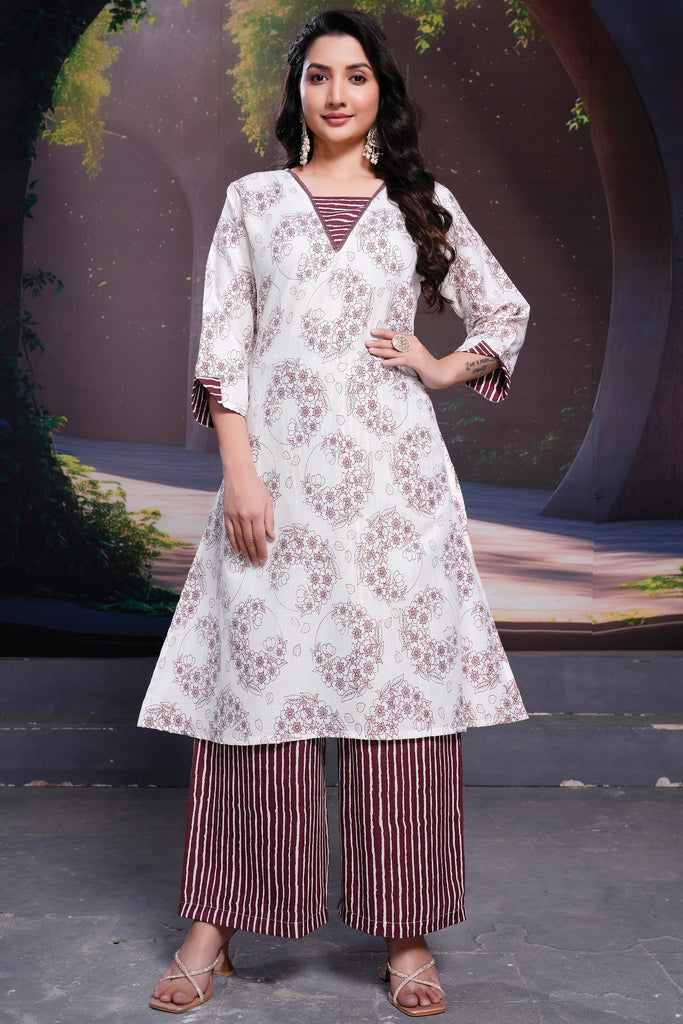 Excellent White Floral Printed Cotton Casual Wear Kurta With Palazzo