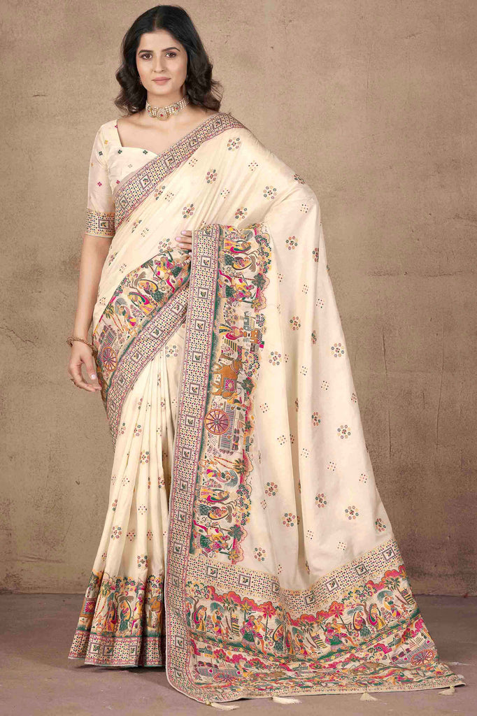 Magnetic Beige Zari Weaving Pashmina Silk Festival Wear Saree