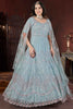 Marvelous Sky Blue Embroidered Net Engagement Wear Gown With Dupatta