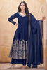 Exquisite Navy Blue Foil Printed Silk Event Wear Anarkali Suit Palazzo