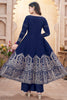 Exquisite Navy Blue Foil Printed Silk Event Wear Anarkali Suit Palazzo