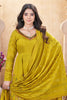 Alluring Mustard Yellow Foil Printed Silk Festival Wear Anarkali Suit