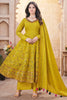 Alluring Mustard Yellow Foil Printed Silk Festival Wear Anarkali Suit