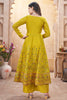 Alluring Mustard Yellow Foil Printed Silk Festival Wear Anarkali Suit