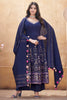 Fascinating Navy Blue Foil Printed Silk Event Wear Anarkali Suit