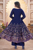 Fascinating Navy Blue Foil Printed Silk Event Wear Anarkali Suit