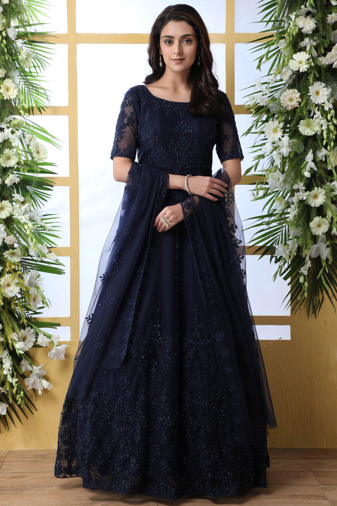 Lovable Navy Blue Stone Work Net Reception Wear Gown With Dupatta