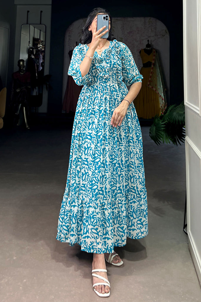 Beautiful Sky Blue Digital Printed Georgette Daily Wear Dress