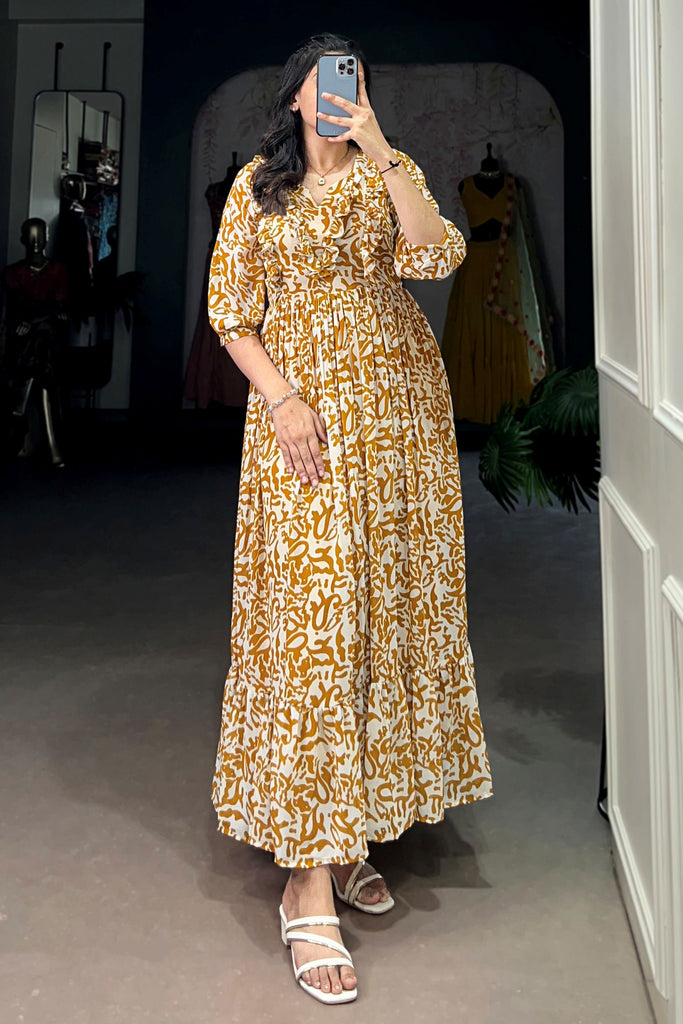 Attractive Mustard Yellow Digital Printed Georgette Casual Wear Dress