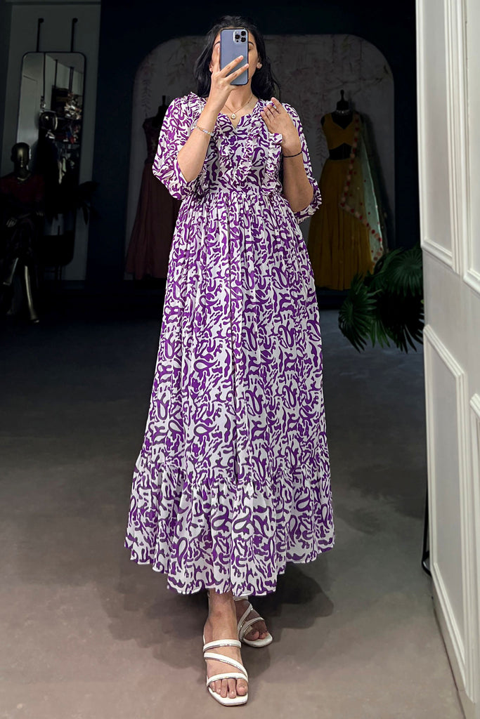 Stunning Purple Digital Printed Georgette Casual Wear Dress