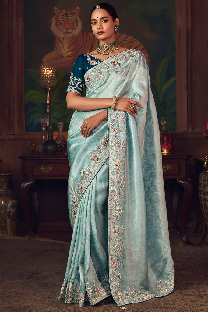 Fabulous Blue Sequins Embroidered Silk Festival Wear Saree With Blouse