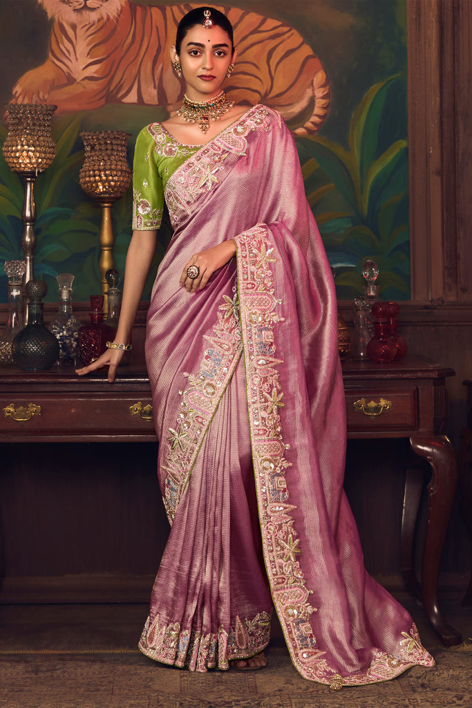 Bewitching Pink Diamond Work Silk Traditional Saree With Blouse
