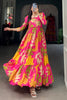 Fascinating Pink Floral Printed Silk Event Wear Gown