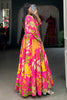 Fascinating Pink Floral Printed Silk Event Wear Gown