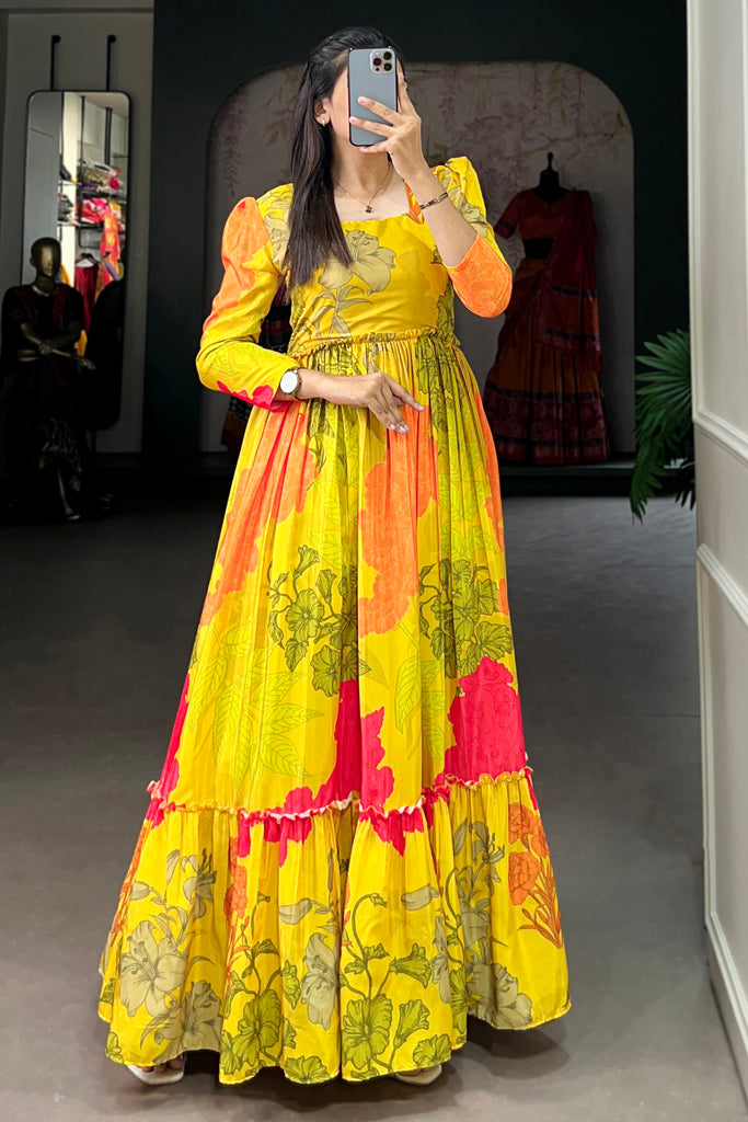 Captivating Yellow Floral Printed Silk Festival Wear Gown