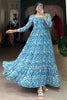 Gorgeous Blue Printed Georgette Event Wear Long Gown