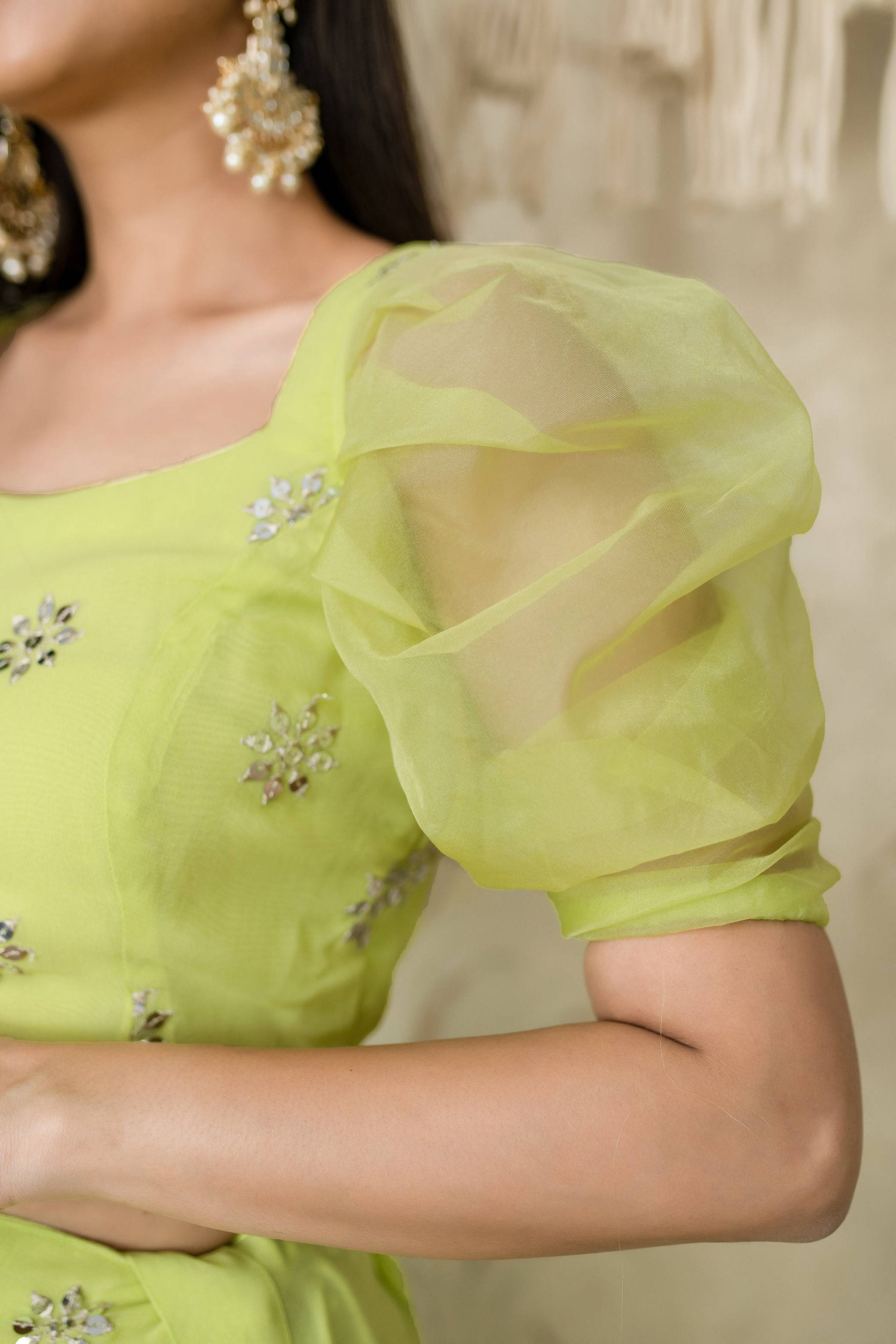 Lime Green Sequins Georgette Wedding Wear Lehenga Choli