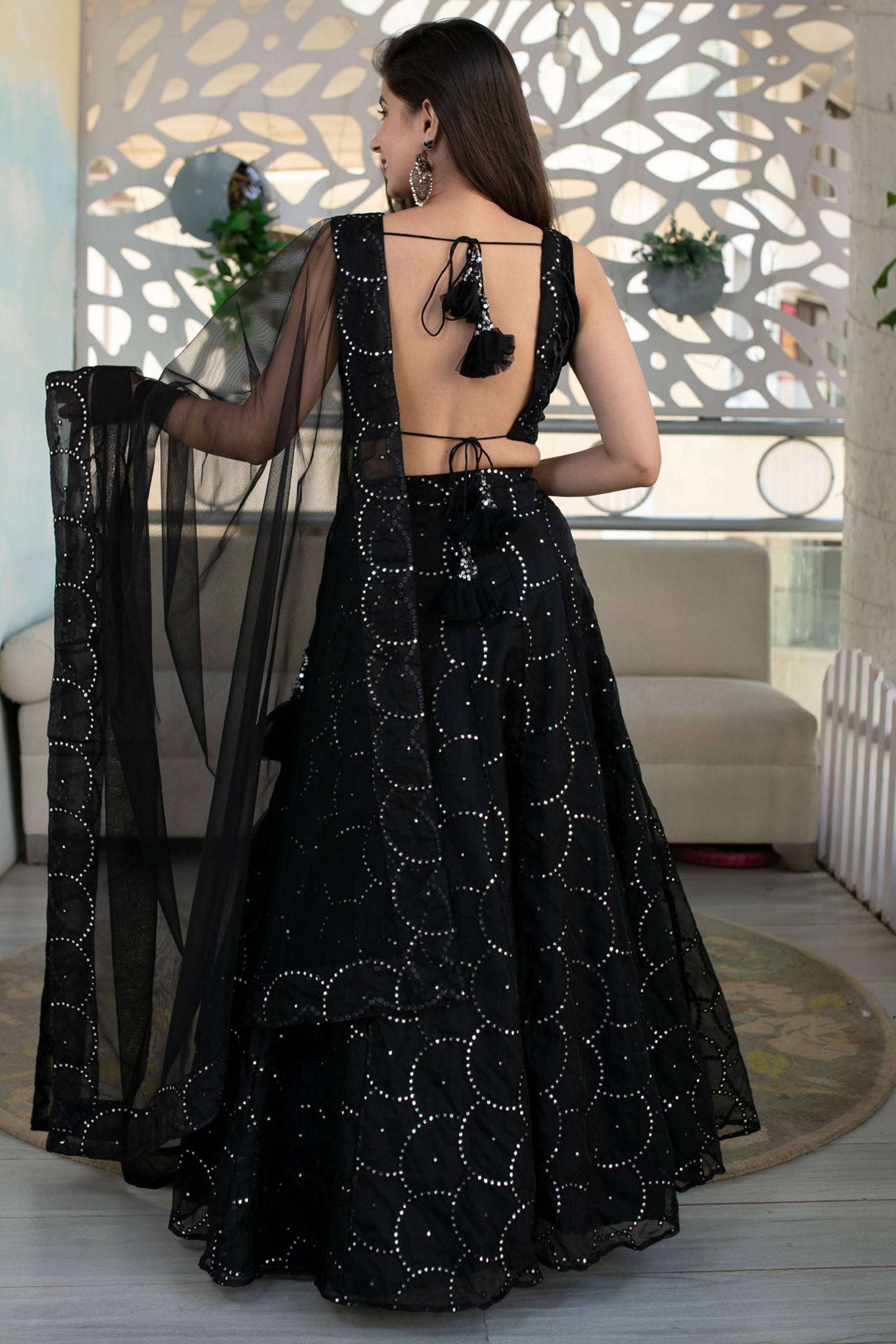 Black Sequins Organza Reception Wear Lehenga Choli With Dupatta