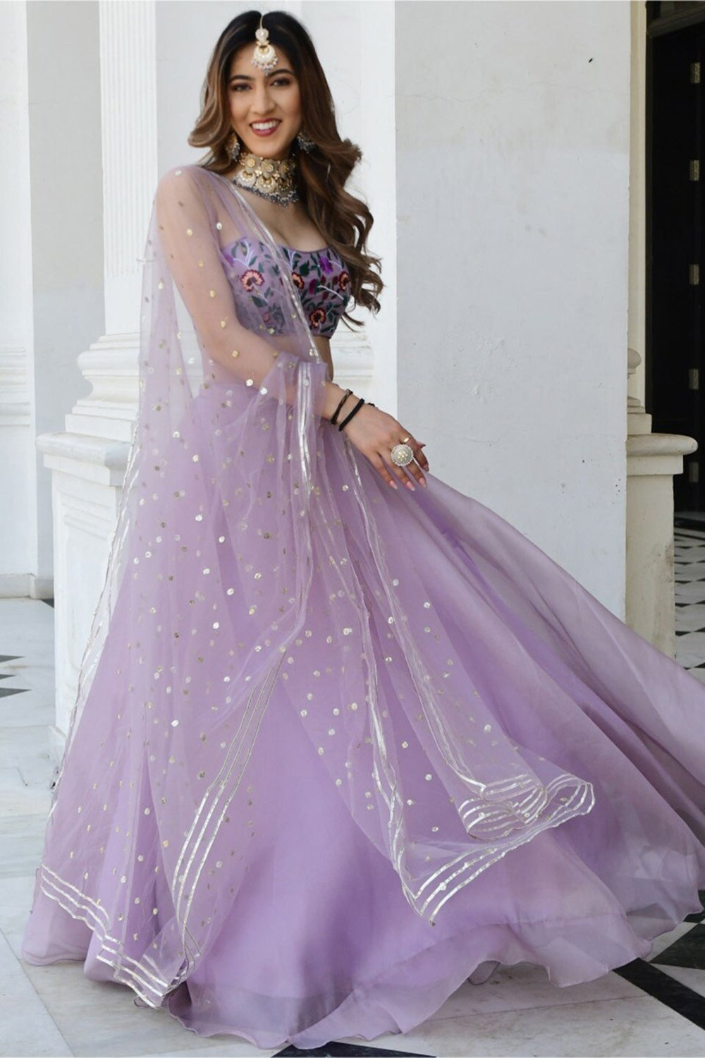Lavender Organza Function Wear Lehenga With Embroidered Choli