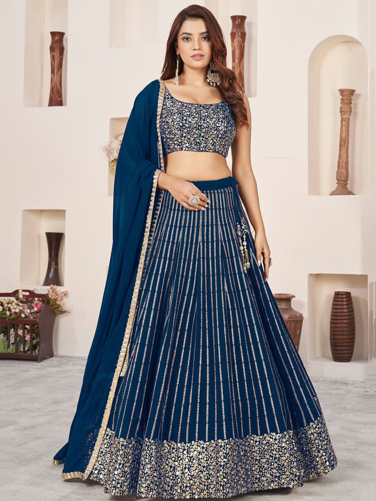 Amazing Blue Sequins Georgette Reception Wear Lehenga Choli