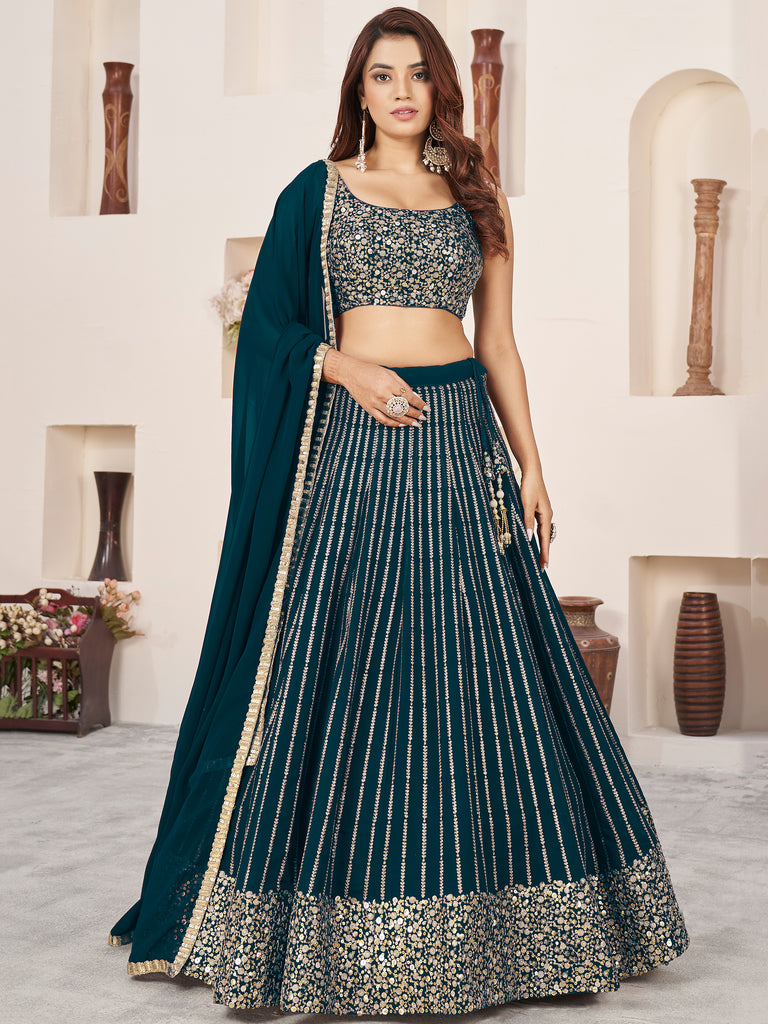 Stunning Teal Green Sequins Georgette Party Wear Lehenga Choli