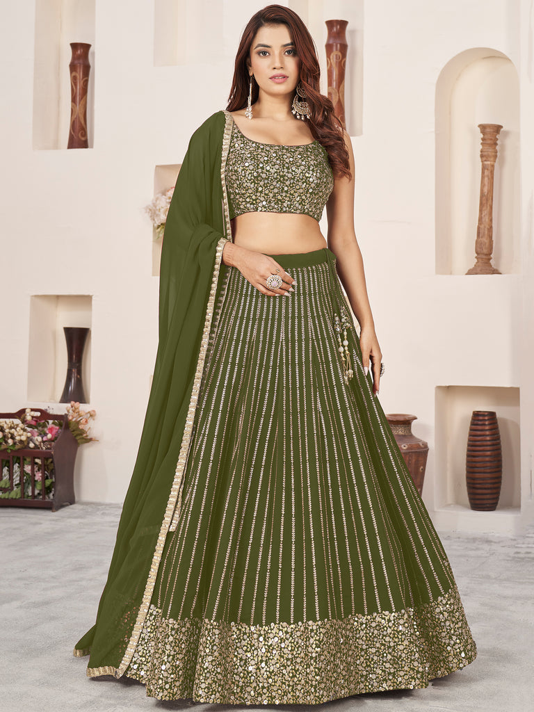 Gorgeous Olive Green Sequins Georgette Mehendi Wear Lehenga Choli