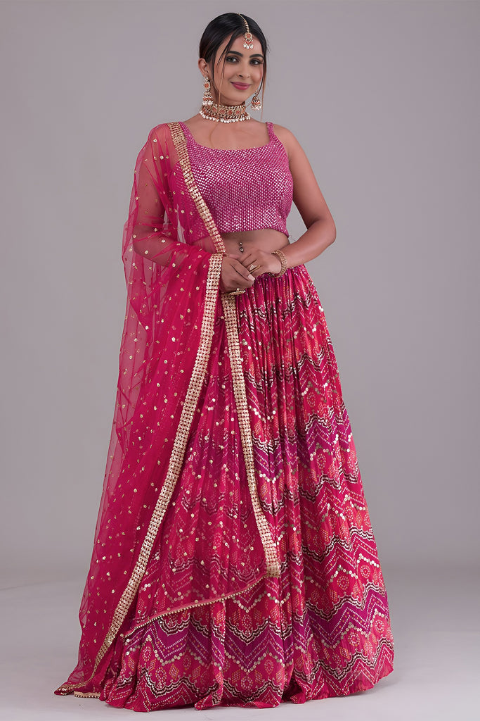 Awesome Pink Digital Printed Georgette Sangeet Wear Lehenga Choli