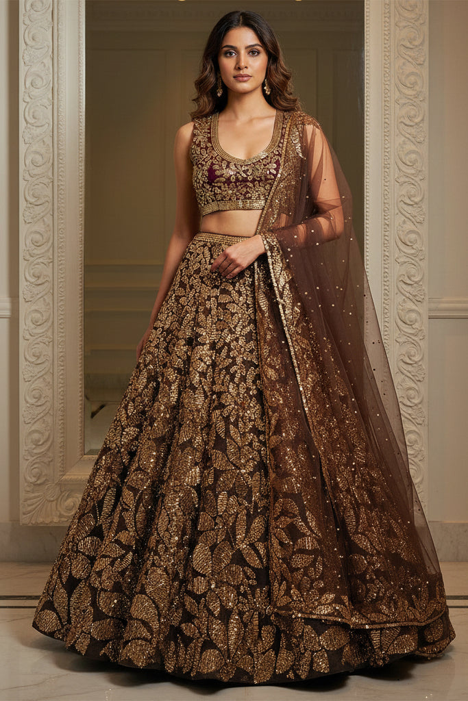 Awesome Brown Sequins Net Sangeet Wear Lehenga Choli With Dupatta