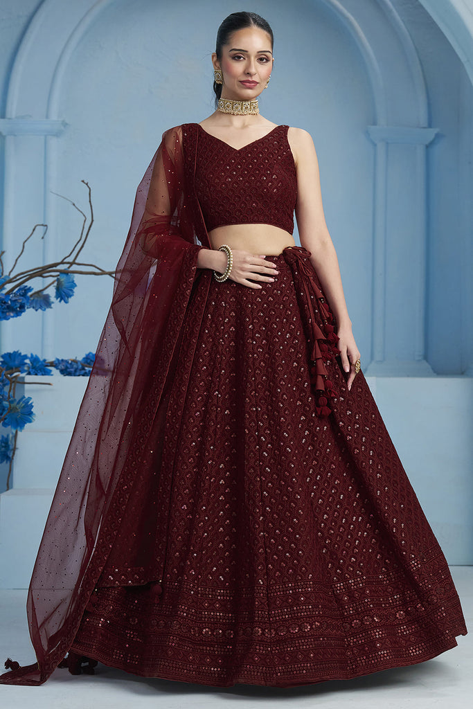 Marvelous Maroon Sequins Georgette Event Wear Lehenga With Blouse