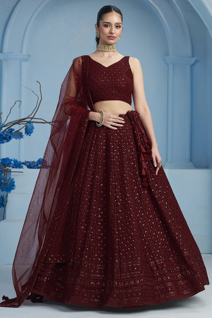 Marvelous Maroon Sequins Georgette Event Wear Lehenga With Blouse