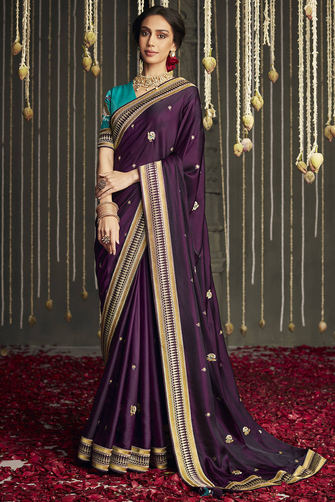 Wonderful Purple Embroidered Silk Wedding Wear Saree With Blouse
