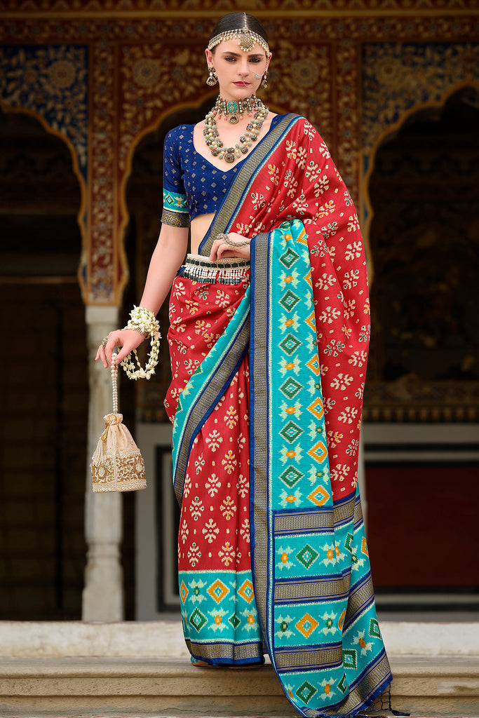 Beautiful Red Printed Silk Festival Wear Saree With Blouse