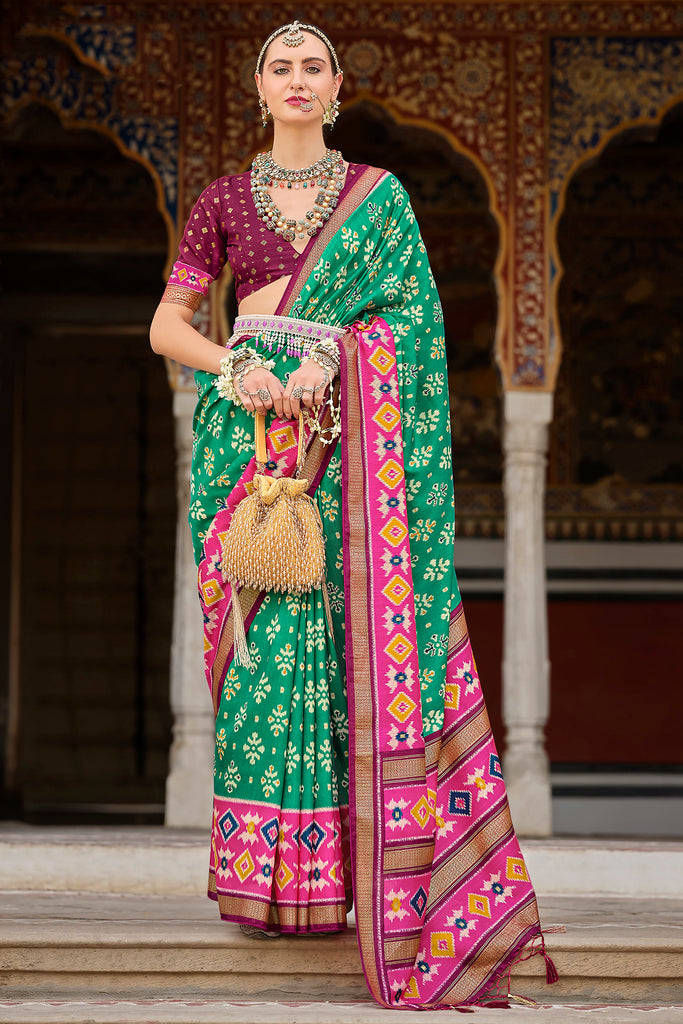 Fantastic Teal Green Printed Silk Traditional Saree With Blouse